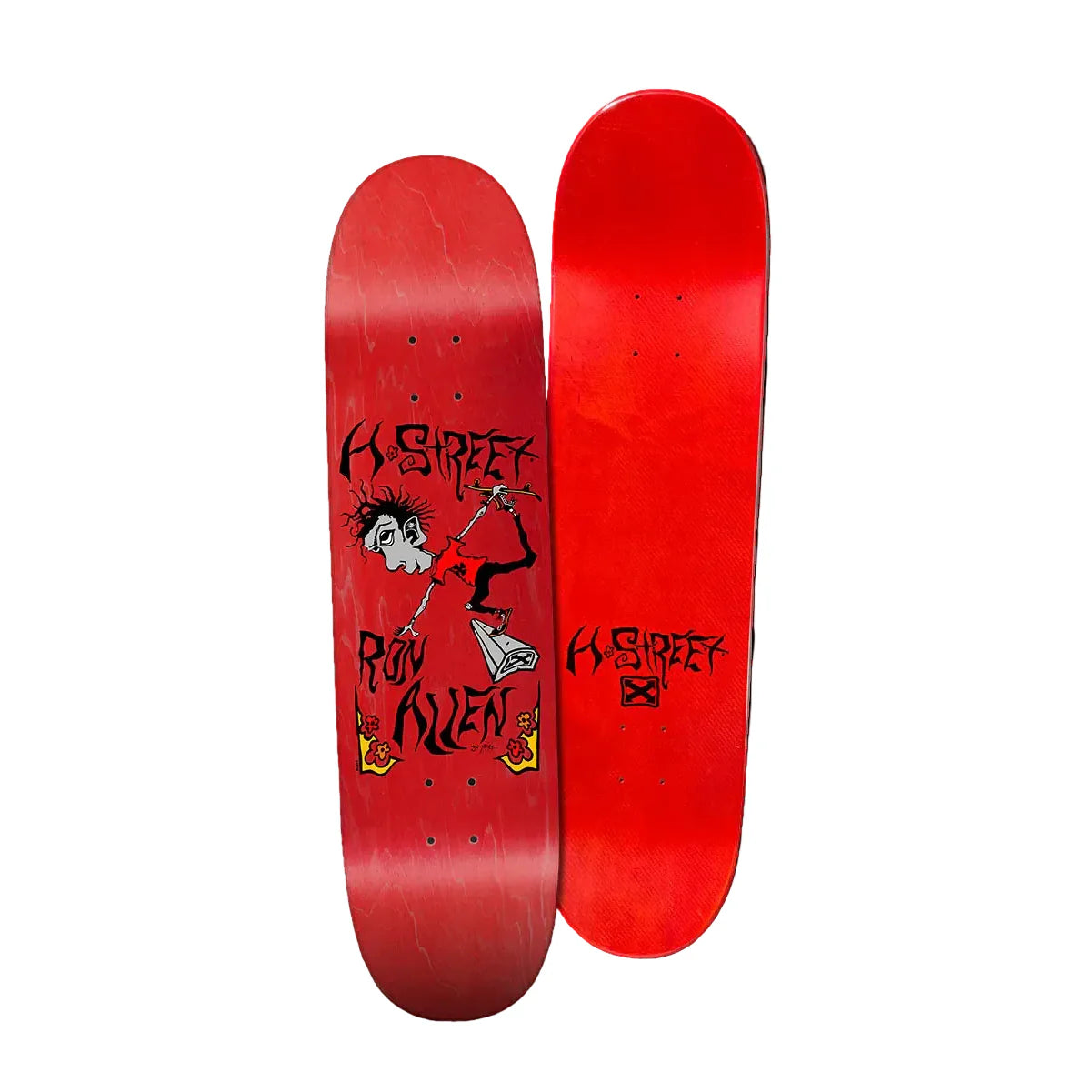 Red skateboard deck with a skater illustration and the text 'Ron Allen' with the H-Street logo.