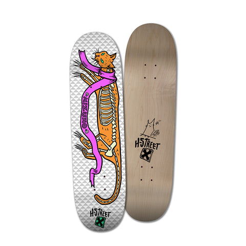 The front of a skateboard with a stylized orange cat with a showing skeleton and pink scarf reading "MIZUHO" with a H-Street logo. The back of the skateboard is wood grain with a H-Street logo and cat scribble.
