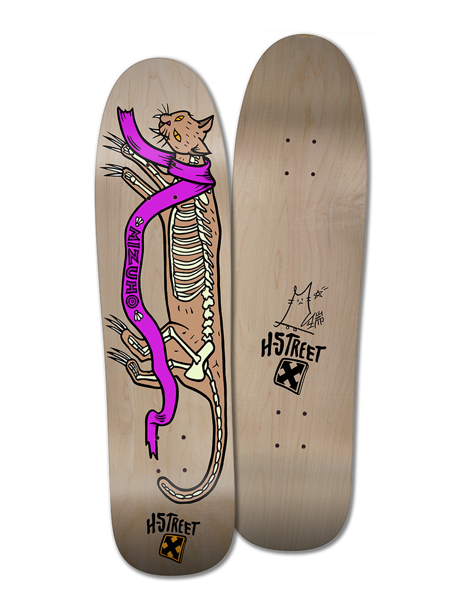 The Woodchuck THE MIZUHO HIDDEN CAT skateboard deck features a skeleton cat with a purple scarf and a small cat doodle above the logo, all on plain wood.