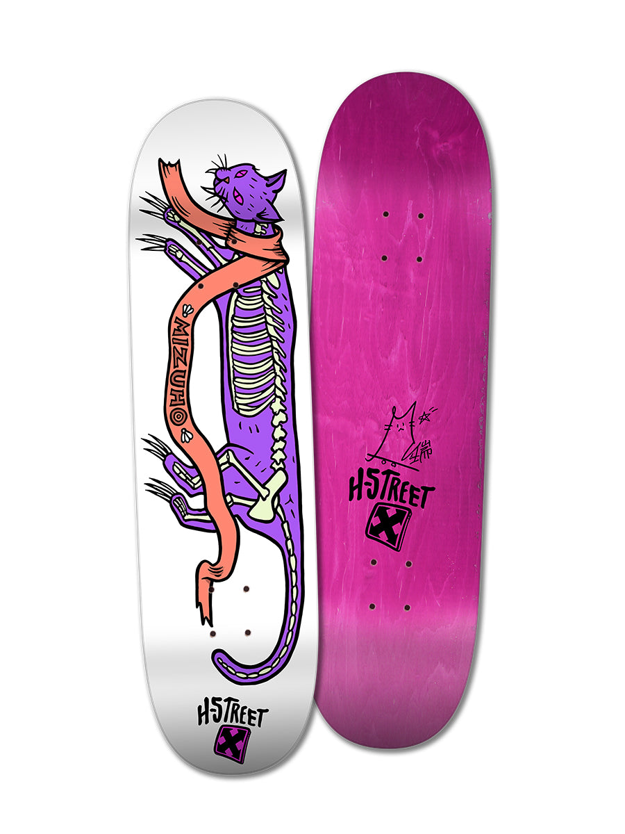 Two Woodchuck skateboards: THE MIZUHO HIDDEN CAT with a purple cat skeleton in an orange scarf and WIZARD text, and a solid purple deck with a simple cat sketch. Both feature Alpha Girls branding.