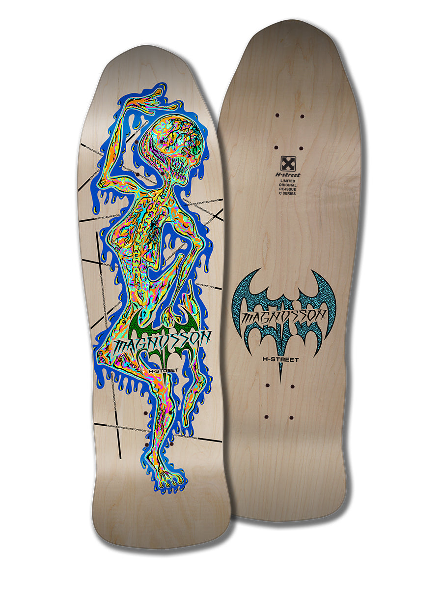 Two skateboard decks are shown: the Woodchuck TONY MAG ALIEN C SERIES with melting, psychedelic graphics and another with a bat-like logo and text, both displayed on natural wood backgrounds.