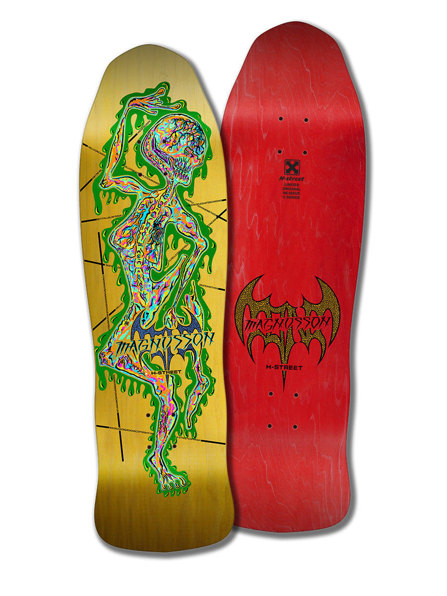 Left: Gold skateboard deck with colorful, abstract melting figure and "Madison." Right: Red Woodchuck TONY MAG ALIEN C SERIES reissue with black bat logo and Madison H-Street text.