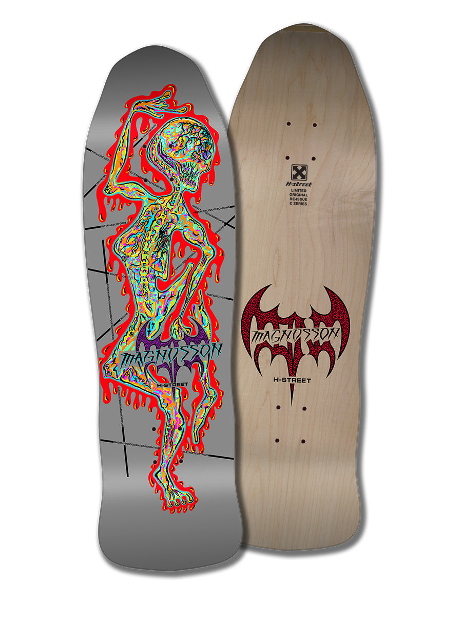 Two skateboard decks: the Woodchuck TONY MAG ALIEN C SERIES with a colorful abstract skeleton and "Magnusson" text; the other, an H-Street reissue in plain wood with a red bat logo and "Magnusson H-Street." Both have wide, retro shapes.