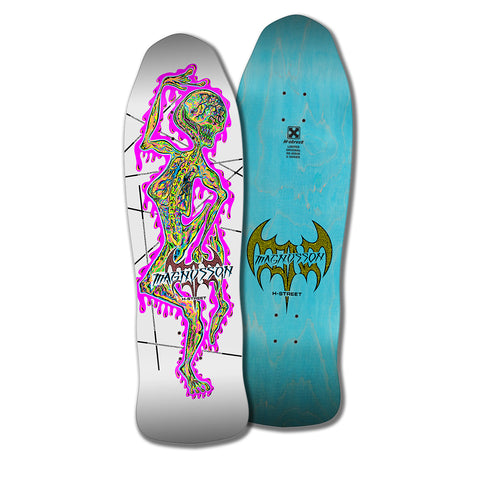 A skateboard deck with a graphic design featuring a stylized, colorful character, and the text 'MAGNUSSON'. The background is light gray, and there is a logo at the top which appears to be the H-Street Skateboards brand mark with 'MAGNSSON' below.