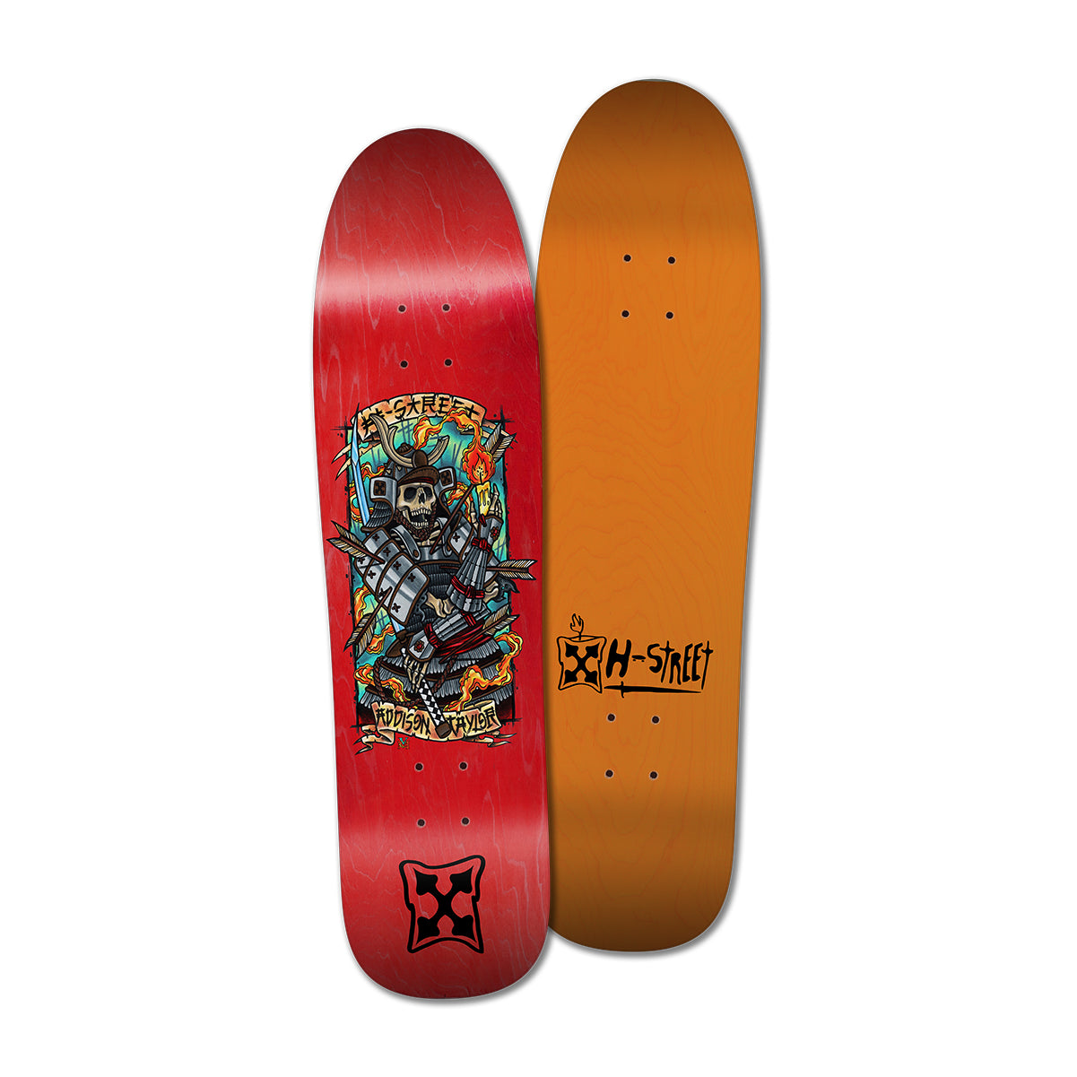A skateboard deck with a graphic design featuring a stylized skeletal Samurai warrior with the words 'H-Street' and 'Addison Taylor' on the bottom. The top of the deck is orange with the H-Street logo.