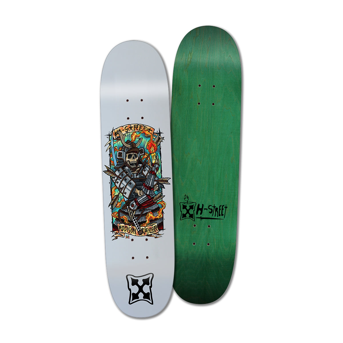 A skateboard deck with a graphic design featuring a stylized skeletal Samurai warrior with the words 'H-Street' and 'Addison Taylor' on the bottom. The top of the deck is green with the H-Street logo.
