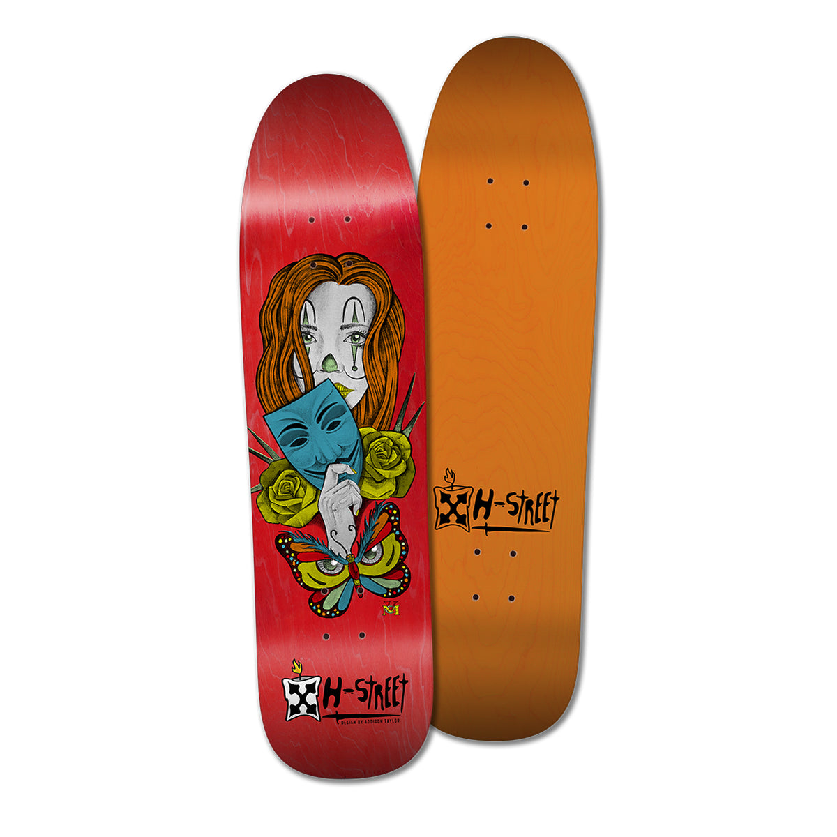 A skateboard deck with a colorful illustration of a joker-esque girl holding a blue mask among yellow roses and a butterfly on the red bottom and the brand name 'H-Street' featured on an orange top.
