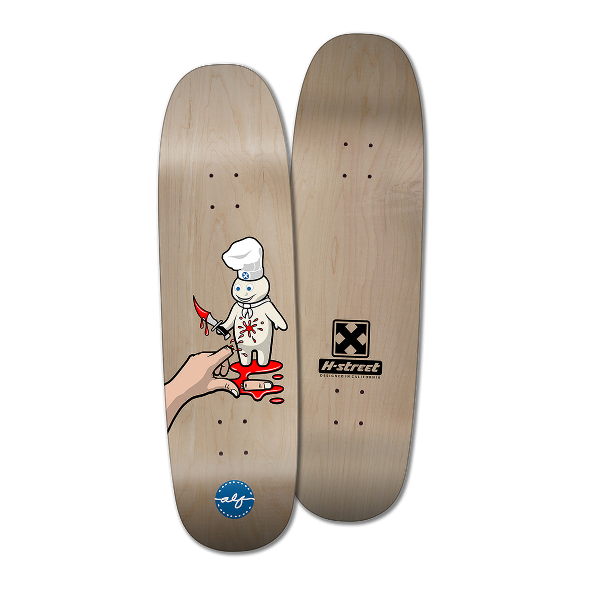 A skateboard deck with a graphic of the doughboy character on a woodgrain backdrop for the bottom. The top has the logo 'H-Street' visible.