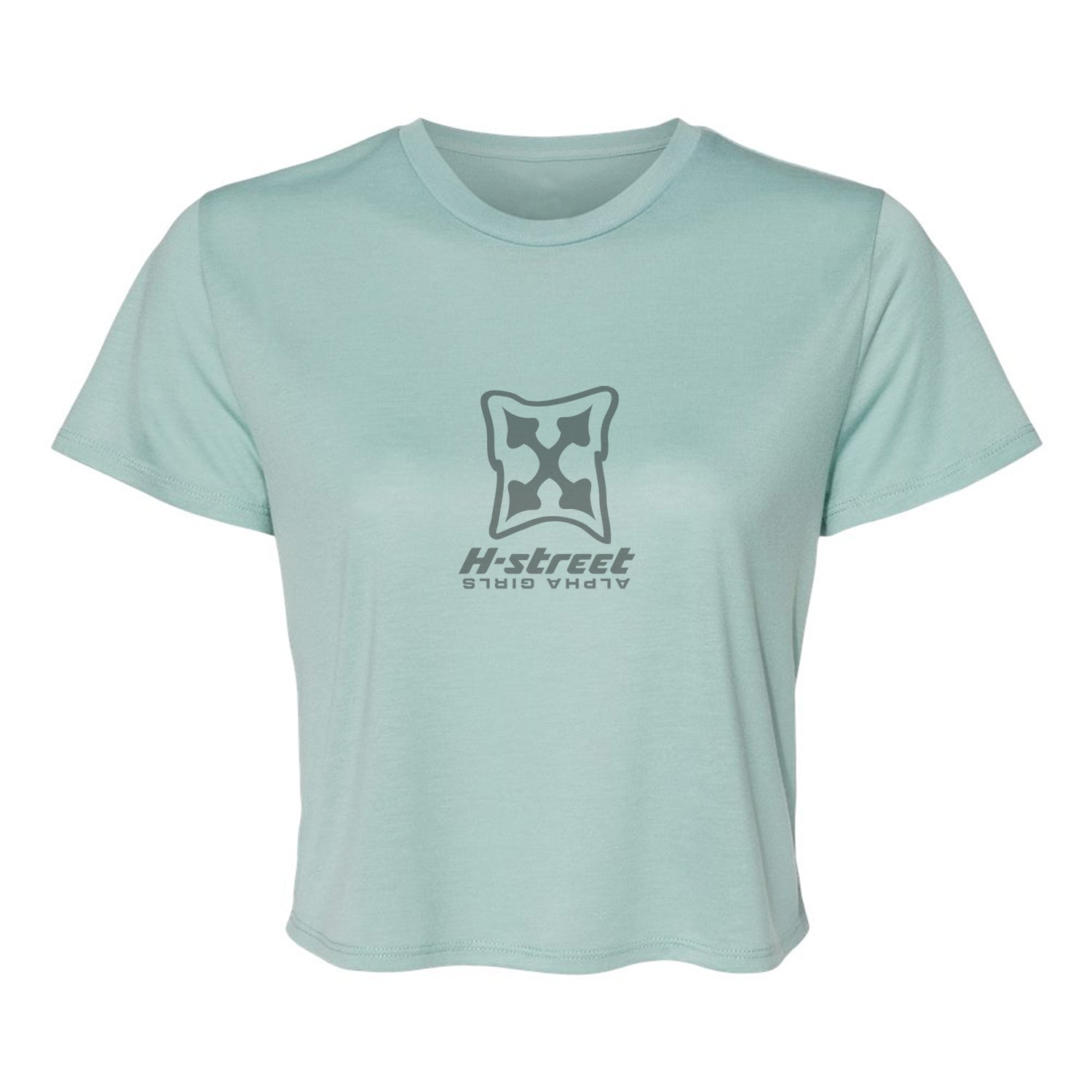 The ALPHA GIRL MARK LOGO Flowly Crop T-Shirt by MH Printing comes in light blue with a dark gray abstract logo and "H-Street Alpha Girls Squad" text—ideal for any Alpha Girl’s next skate session.