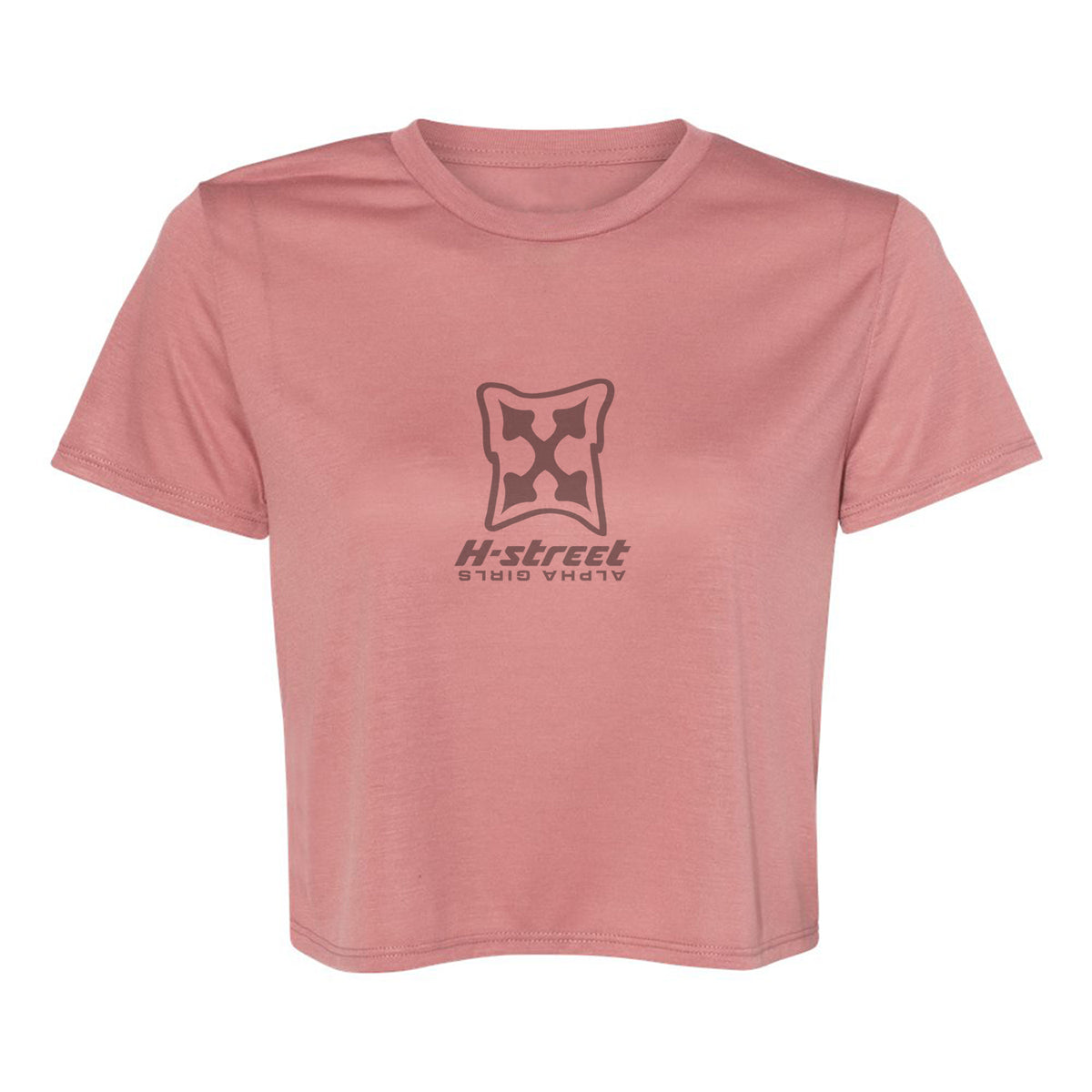 The ALPHA GIRL MARK LOGO Flowy Crop T-Shirt by MH Printing features a pink design with a bold black geometric logo and “H-Street” text—ideal for your next skate session.