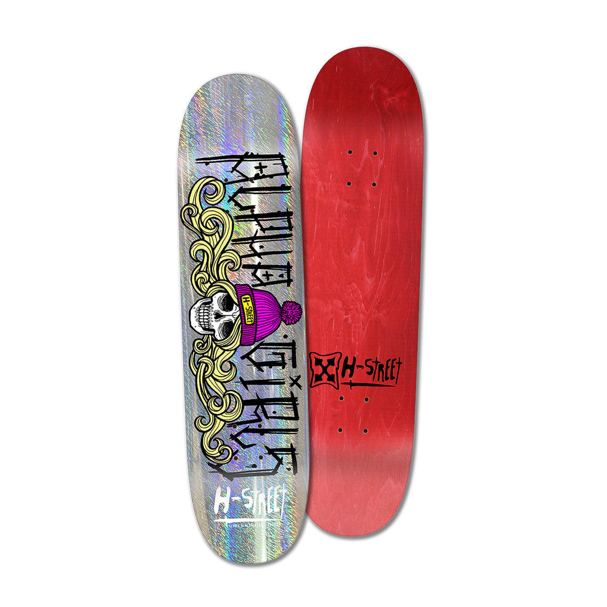A skateboard deck with a colorful graphic design featuring a skull with flowing blonde hair and a pink beanie labeled 'H-Street' on the bottom on a multicolor background. The top deck is red with the H-Street logo.