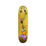 A skateboard deck with a whimsical graphic of various animals pile-up style on a gold-yellow background.