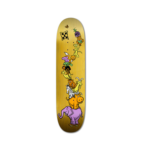 A skateboard deck with a whimsical graphic of various animals pile-up style on a gold-yellow background.
