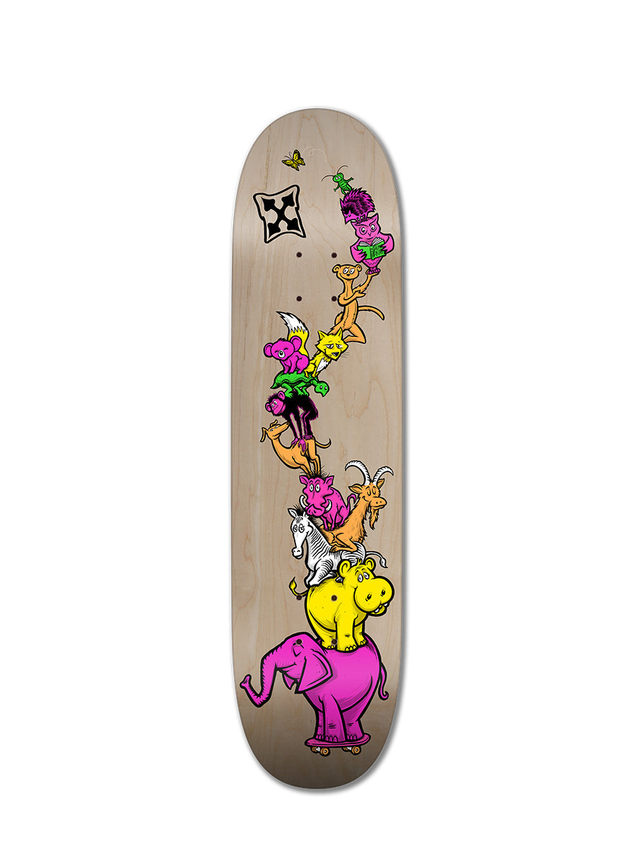 The ANIMAL PILE UP skateboard deck by Perfect Skateboarding showcases playful, cartoon animals stacked together—including a pink elephant on a skateboard—radiating vibrant energy and celebrating girls in skateboarding.