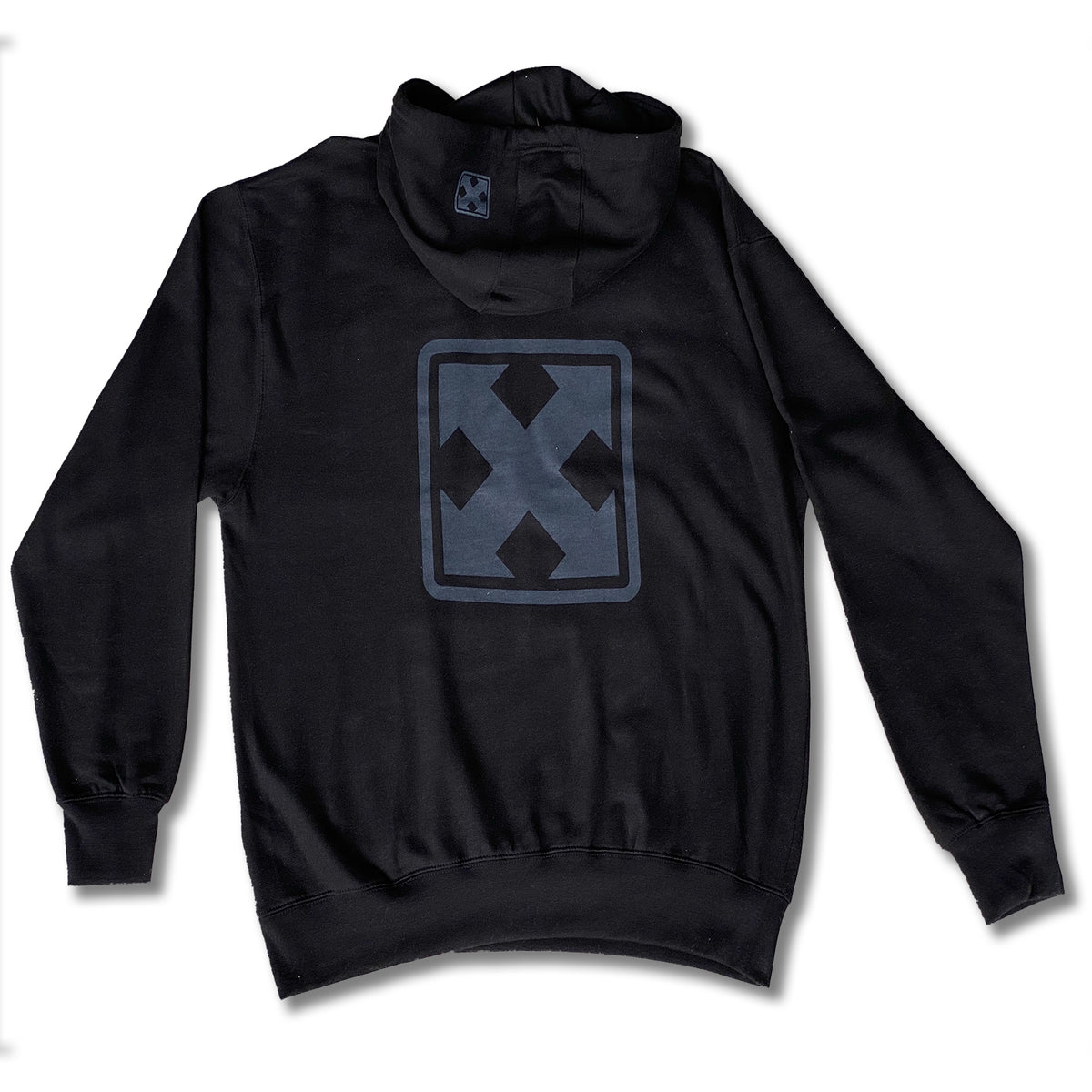 The OG MARK LOGO Pullover Hoodie by MH Printing in black features a large dark gray X rectangle on the back and a small matching X logo on the hood. Laid flat on a white background, it’s your perfect go-to H-Street hoodie pullover.