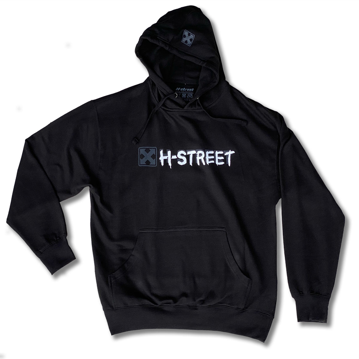 The OG MARK LOGO Pullover Hoodie from MH Printing features a black design with a front pocket and hood, plus a gray and white H-STREET logo with an X icon. Made of heavy duty fleece, this hoodie stands out on a plain white background.