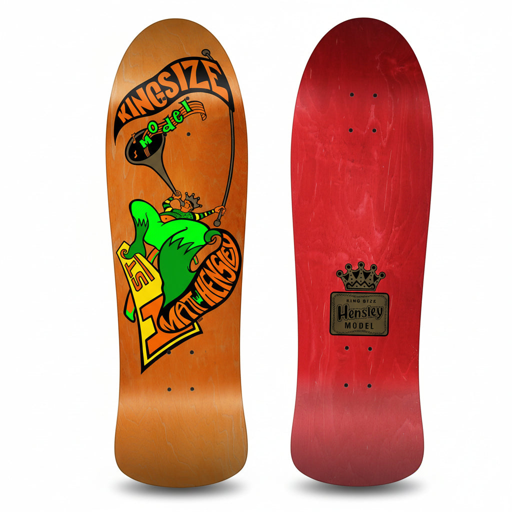 Two sides of a skateboard deck, one with a green and black graphic of a character and the other in red with the H-Street logo.