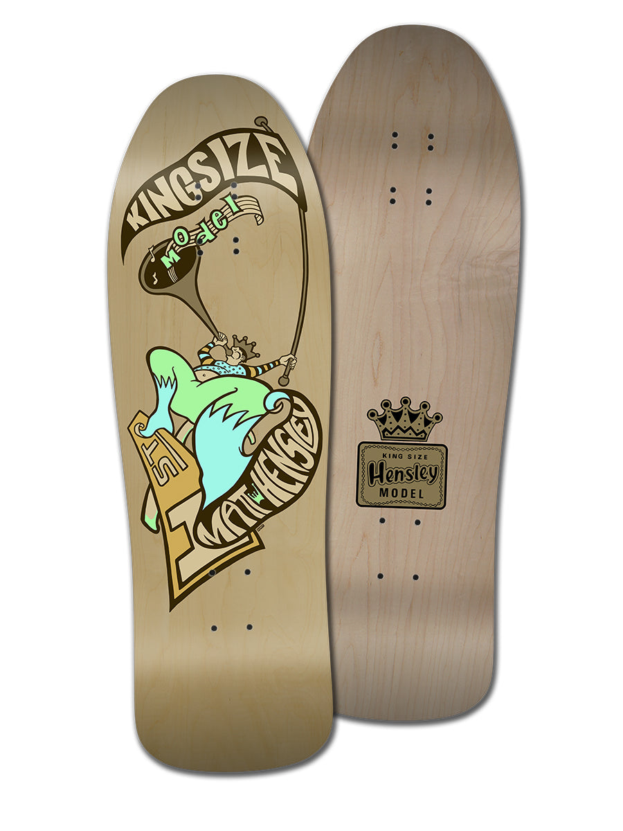 Two Legend Skates MATT HENSLEY KINGSIZE HORNBLOWER F SERIES wooden decks: one has colorful art of a green cartoon character with sunglasses flying a blimp, the other features an old school wood grain finish with a crown logo.