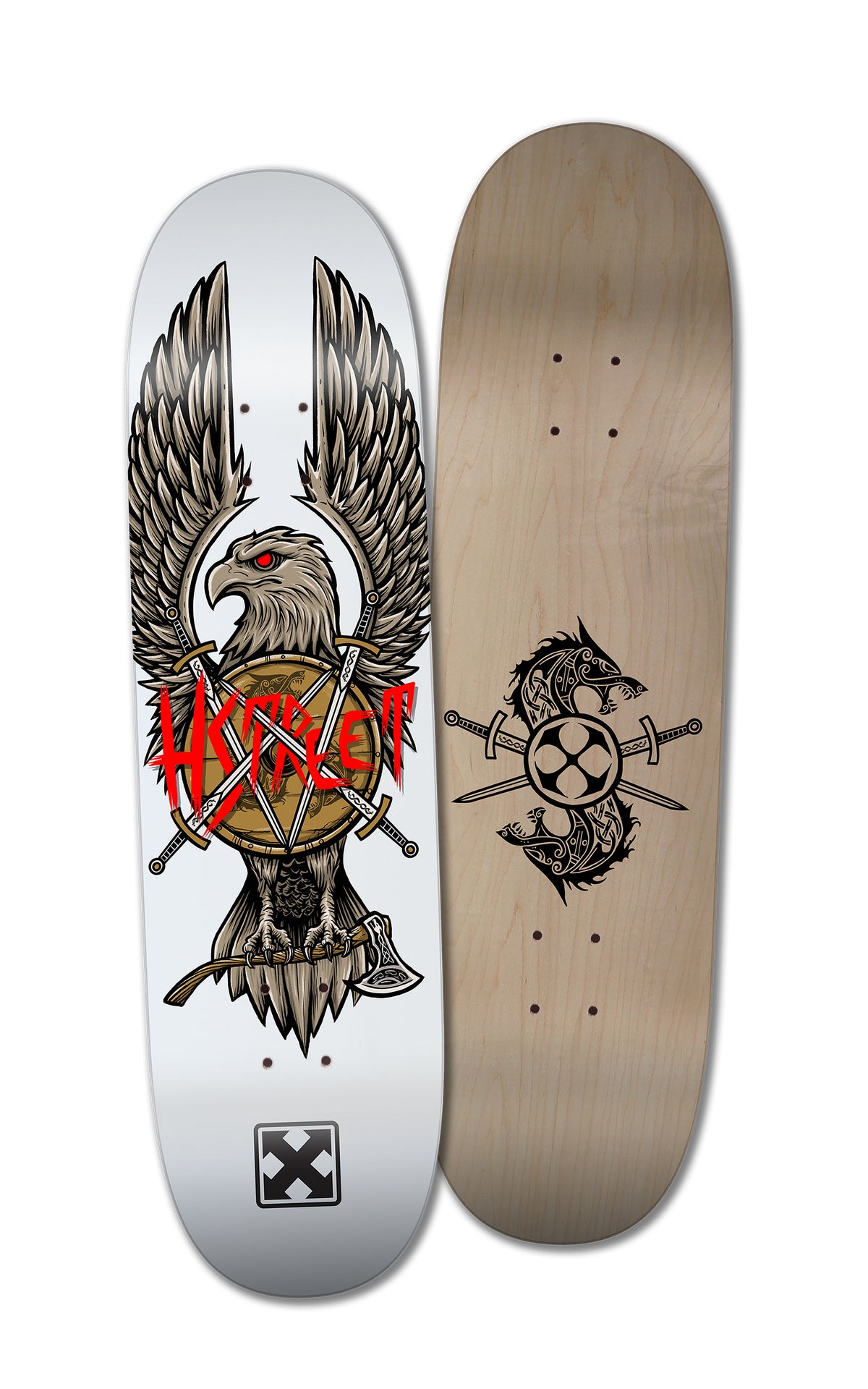 Woodchuck’s 12 DAYS OF CHRISTMAS 2025, PACKAGE #11 includes two street decks: the H-Street Raptor Eagle with axe and shield, and a Hard Rock Maple deck featuring a black fish, sword, and shield on plain wood.