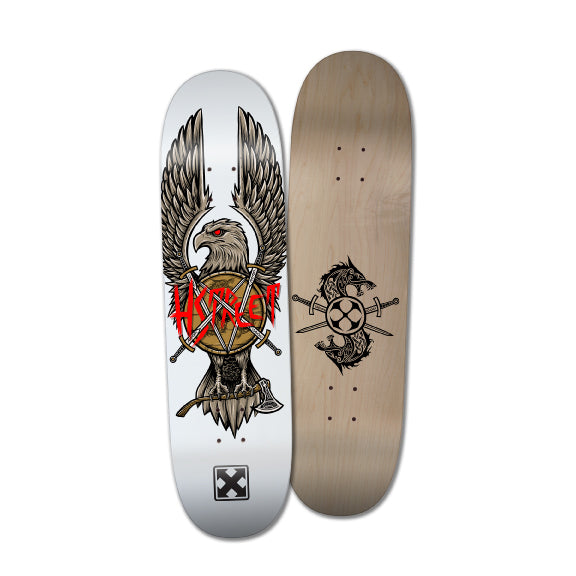 Skateboard deck with eagle design and visible brand logo on a white background