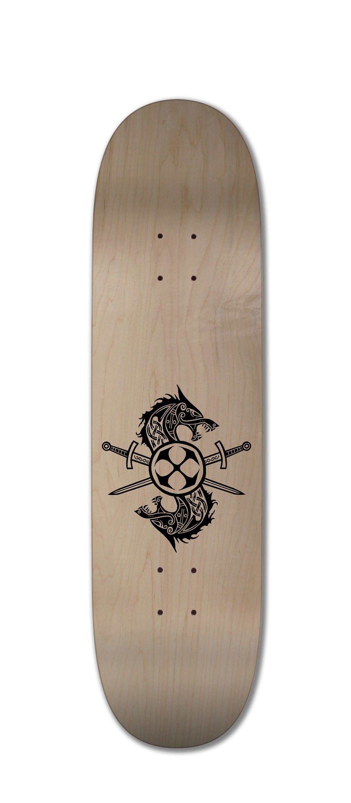 The Woodchuck THE H-STREET RAPTOR EAGLE skateboard deck is made from Hard Rock Maple and showcases a natural wood finish with a black graphic of two stylized wolves circling a paw print, intersected by swords at the center.