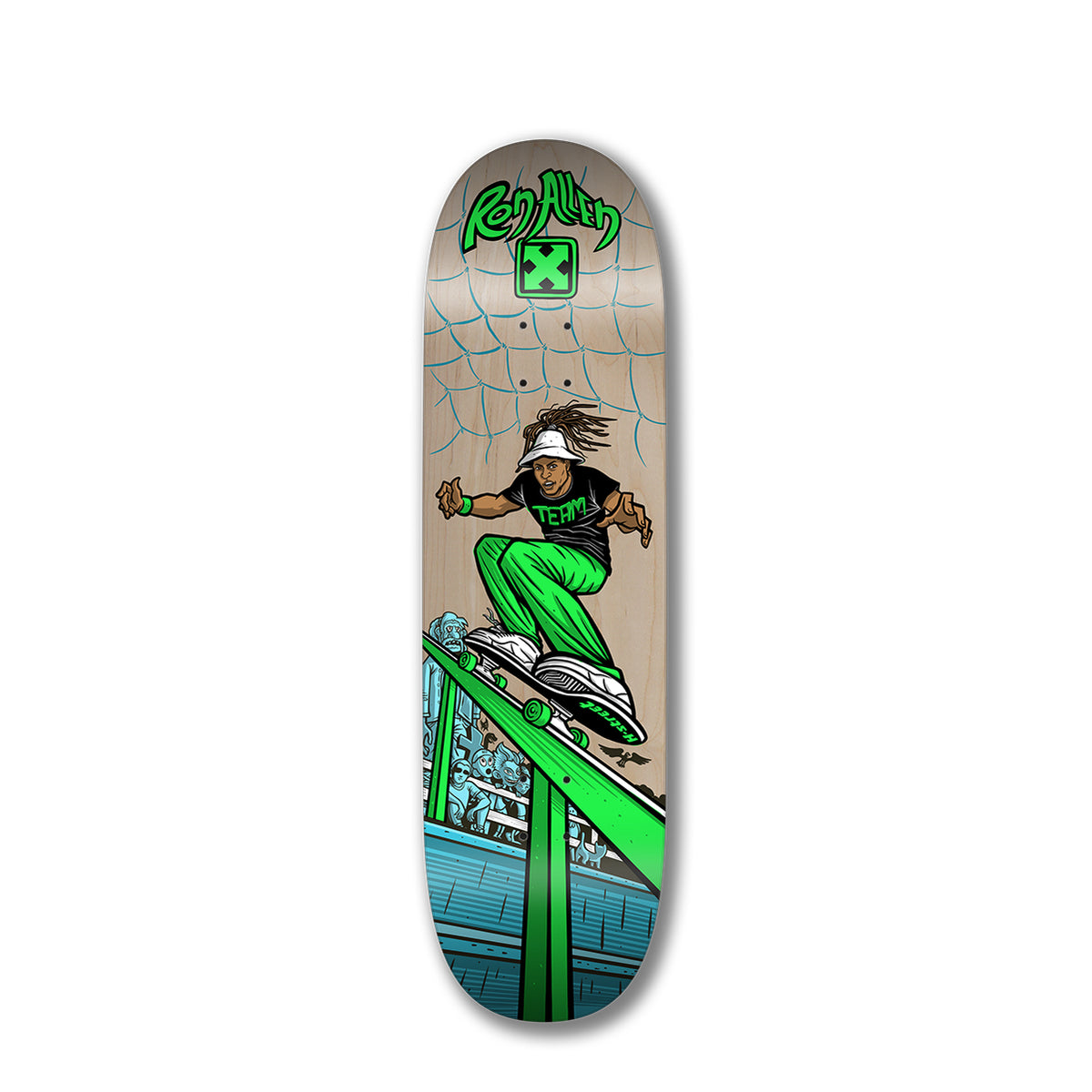 A skateboard deck featuring an illustration of a skater performing a trick on a rail, with blue and green colors and 'Ron Allen' writing.