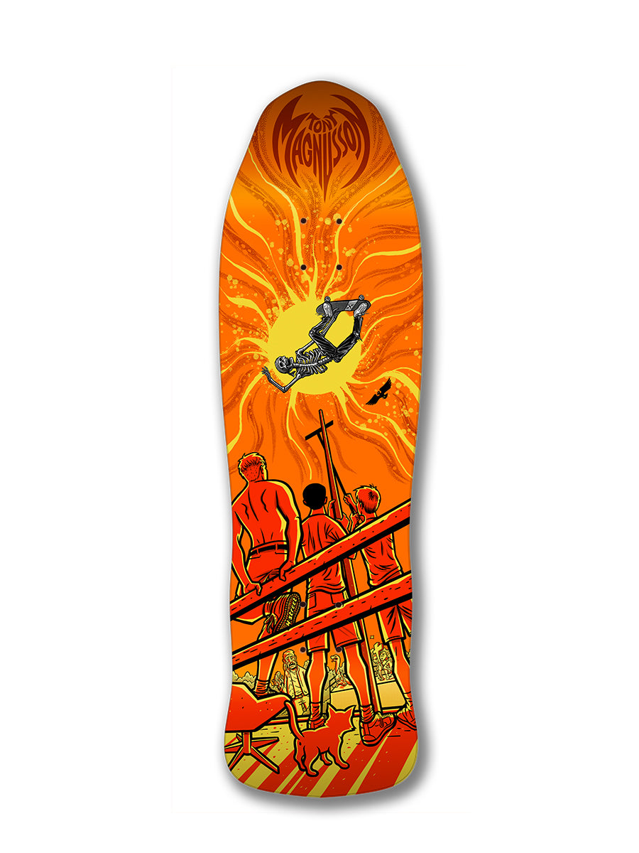 The Woodchuck TONY MAG DEAD MAN FLYING skateboard deck features vibrant orange and yellow art of three people watching T-Mag perform a Backside Air before a blazing sun, with "Tom Magnusson" text at the top.