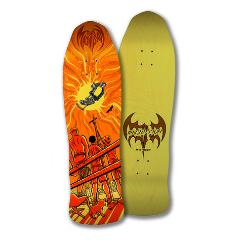 A skateboard deck with an illustration of a person skateboarding, surrounded by flame-like designs in orange and yellow hues with people watching. The other half of the deck is yellow with "Magnusson" text.