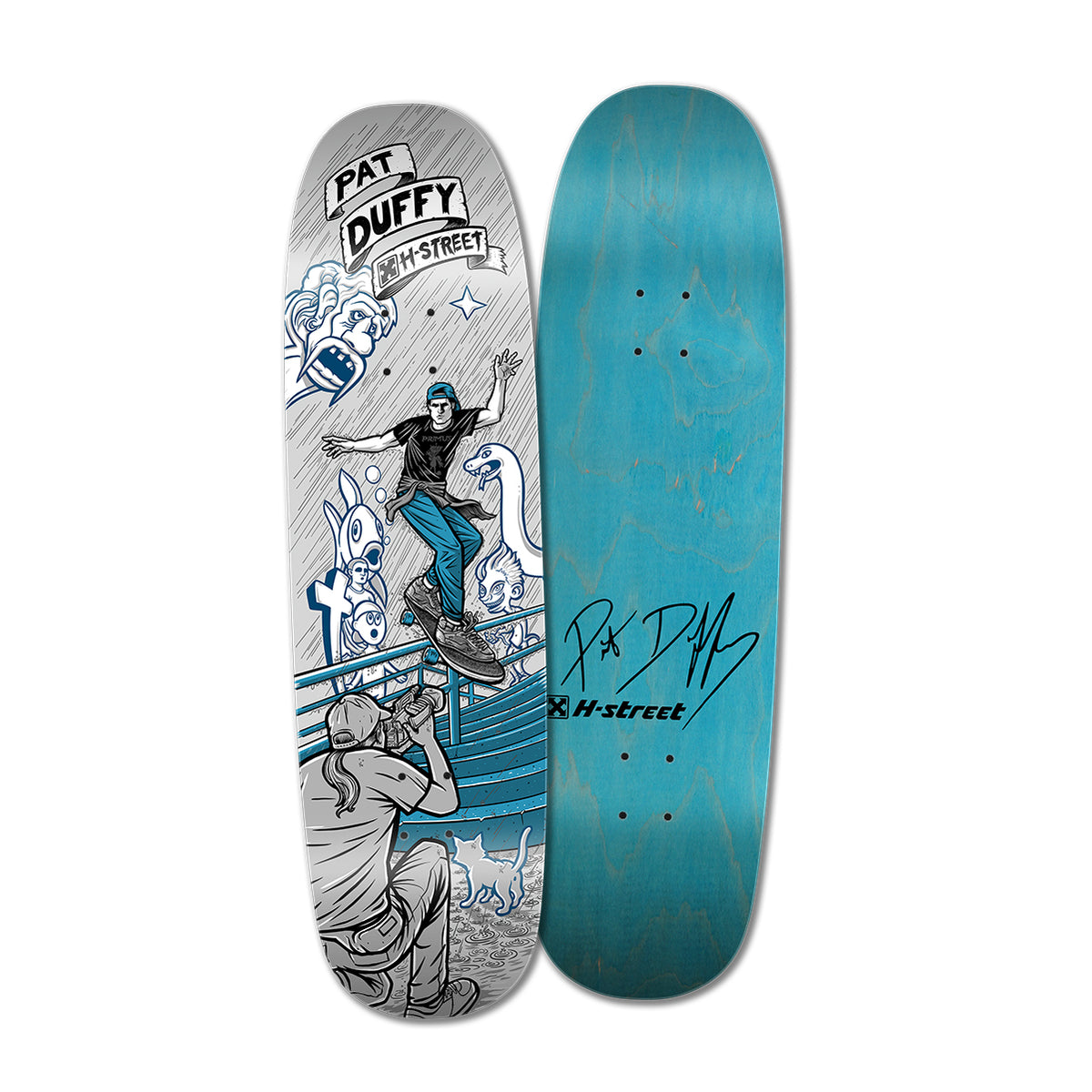 A skateboard deck featuring a graphic with a skateboarder performing a trick on a rail, with the text 'PAT DUFFY H-STREET'.