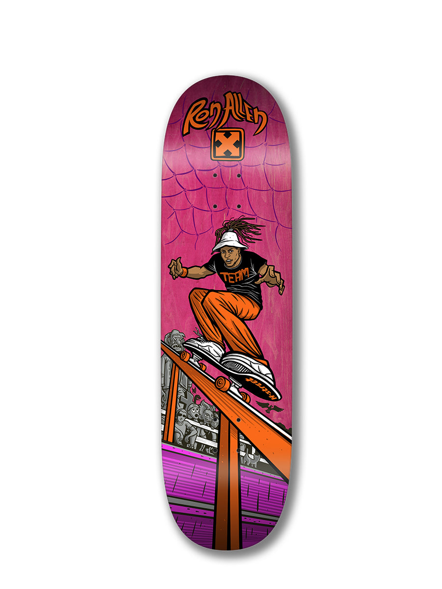 The Perfect Skateboarding RON ALLEN SWITCH 180 deck features a pink background and an iconic skater in orange pants and black shirt grinding above a crowd, with Rev Allen written at the top in classic Ron Allen style.