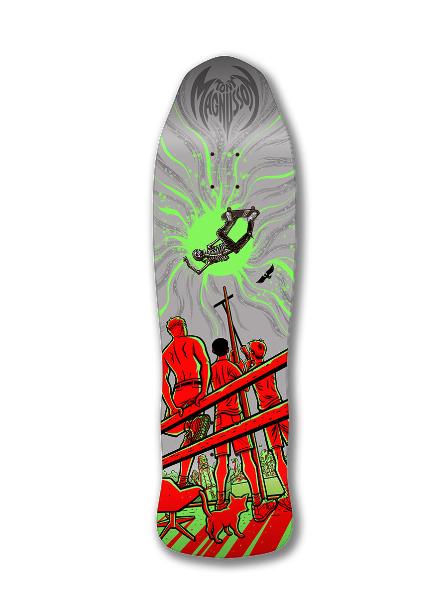 The Woodchuck TONY MAG DEAD MAN FLYING skateboard deck showcases a skater mid-air doing a Backside Air with green energy, watched by three people near a red ramp, in bold red, green, and gray hues.