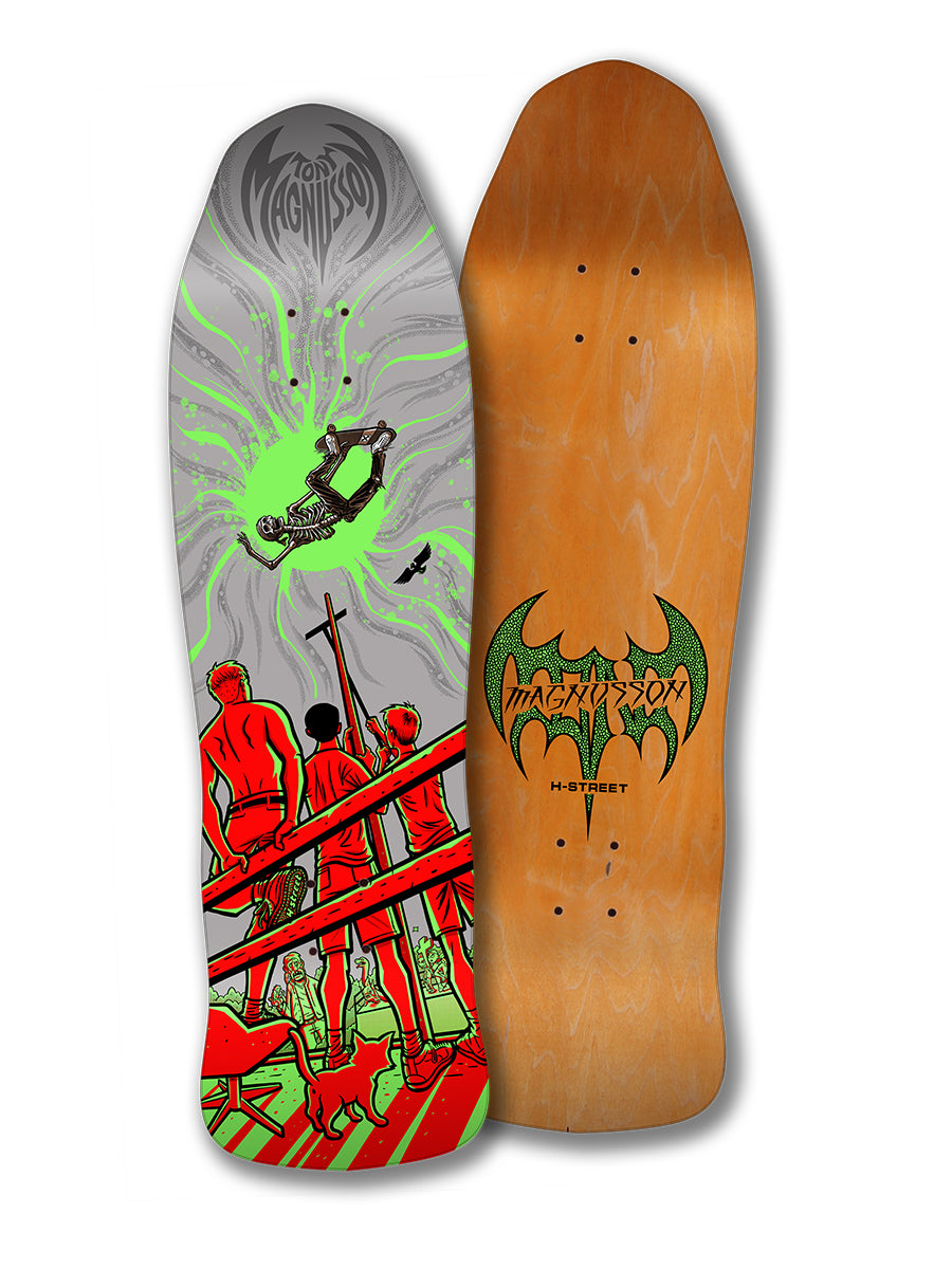 Woodchuck’s TONY MAG DEAD MAN FLYING includes two decks: one featuring three spectators and a skeleton skater in a green vortex, and another plain wood deck with T-Mag's green bat logo and Magnusson H-Street text.