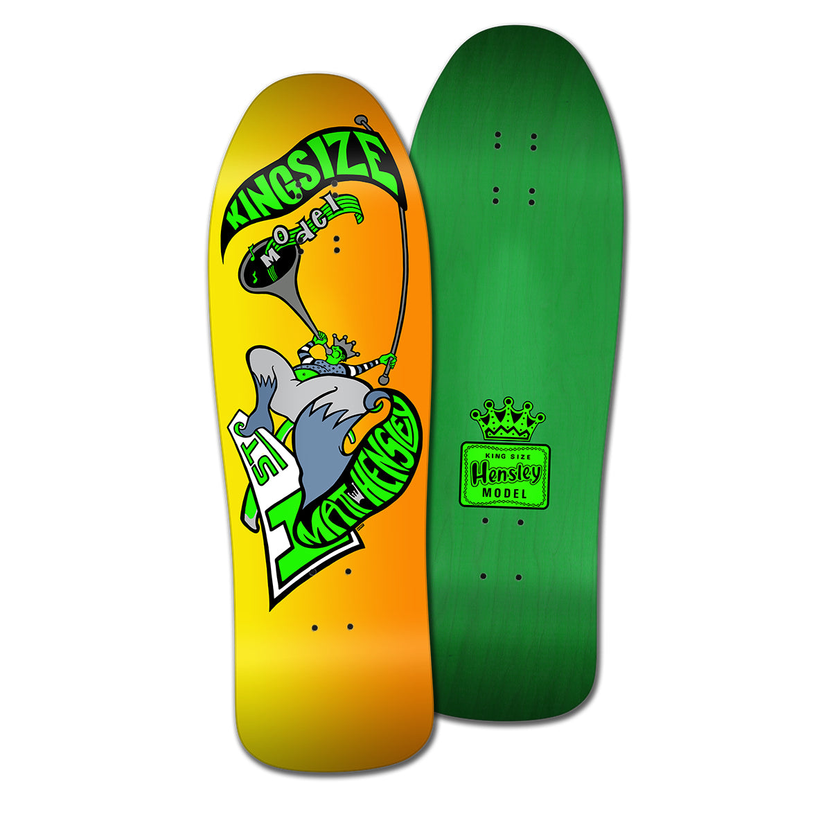Two skateboard decks, one with yellow background and green character graphic blowing horn, and the other with green background and says, 'King Sized Hensley Model'. 