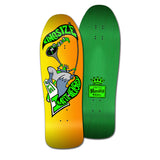 Two skateboard decks, one with yellow background and green character graphic blowing horn, and the other with green background and says, 'King Sized Hensley Model'. 