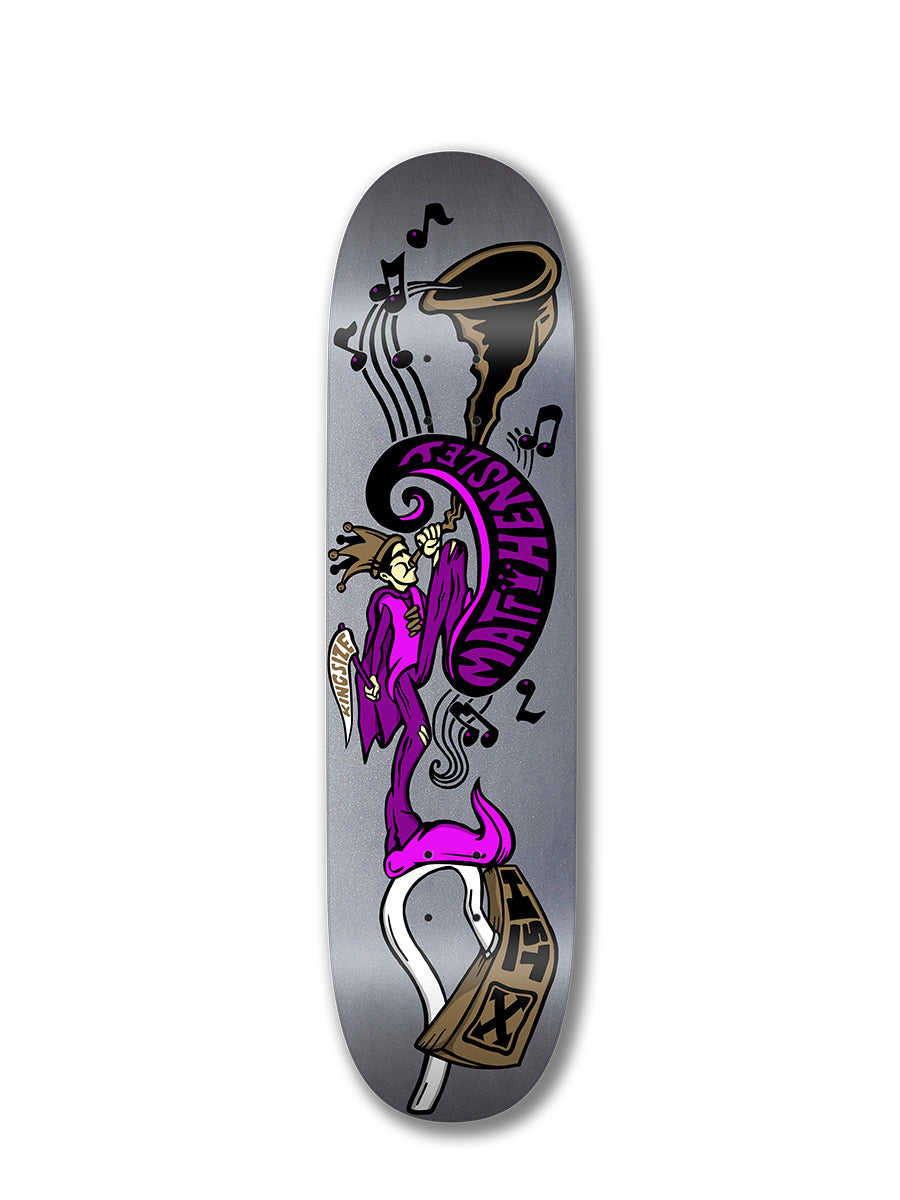 The Woodchuck HENSLEY HORNBLOWER SPECIAL EDITION skateboard deck has a silver background, Mark Kowalchuk’s art of a purple cartoon saxophone player with music notes, and "ANTI-HERO" in bold purple stylized lettering.