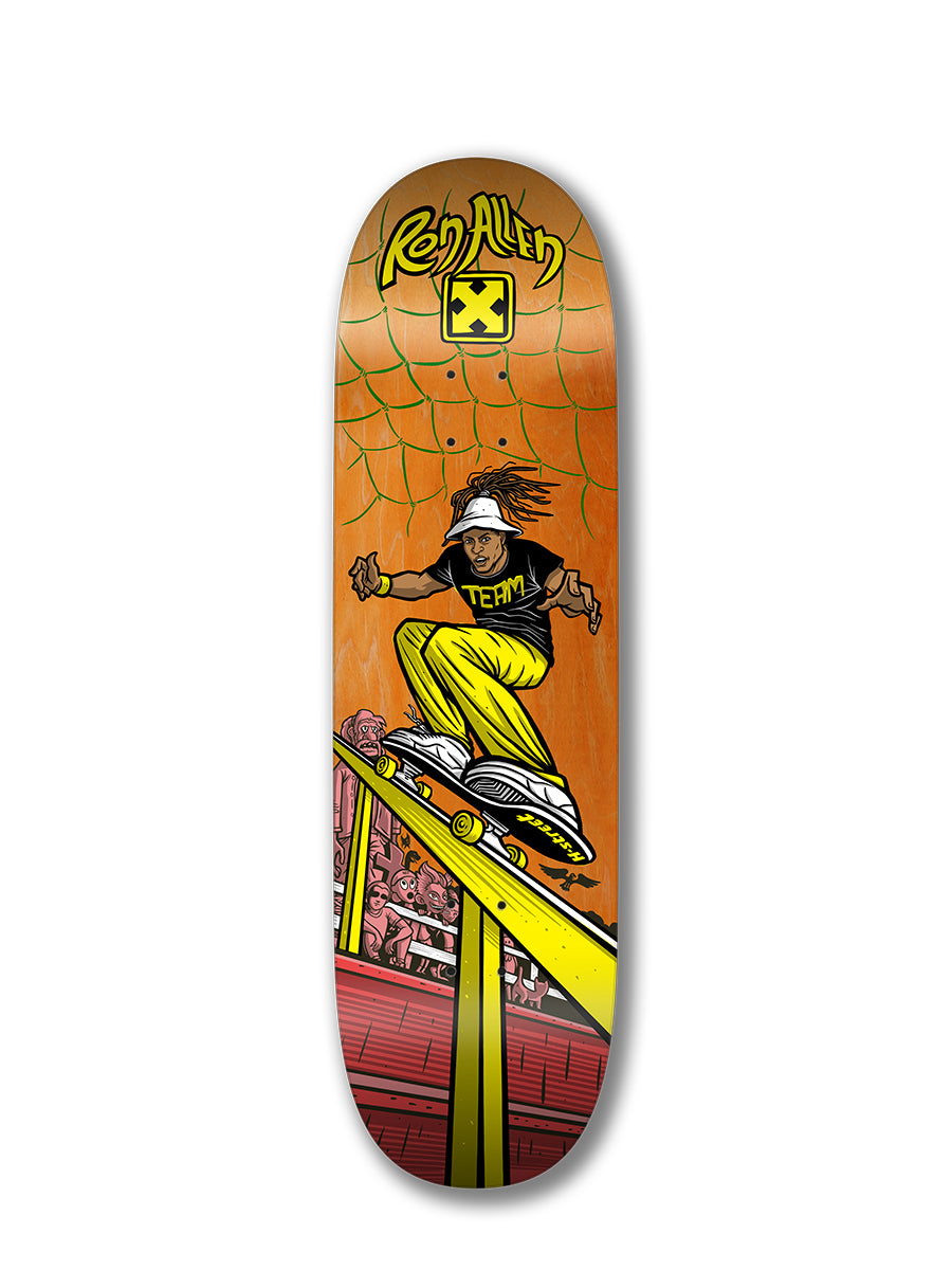 The Perfect Skateboarding RON ALLEN SWITCH 180 deck features legendary skater Ron Allen with dreadlocks doing a trick on a yellow rail, cheered by a crowd, with a spiderweb and "Ron Allen" above.