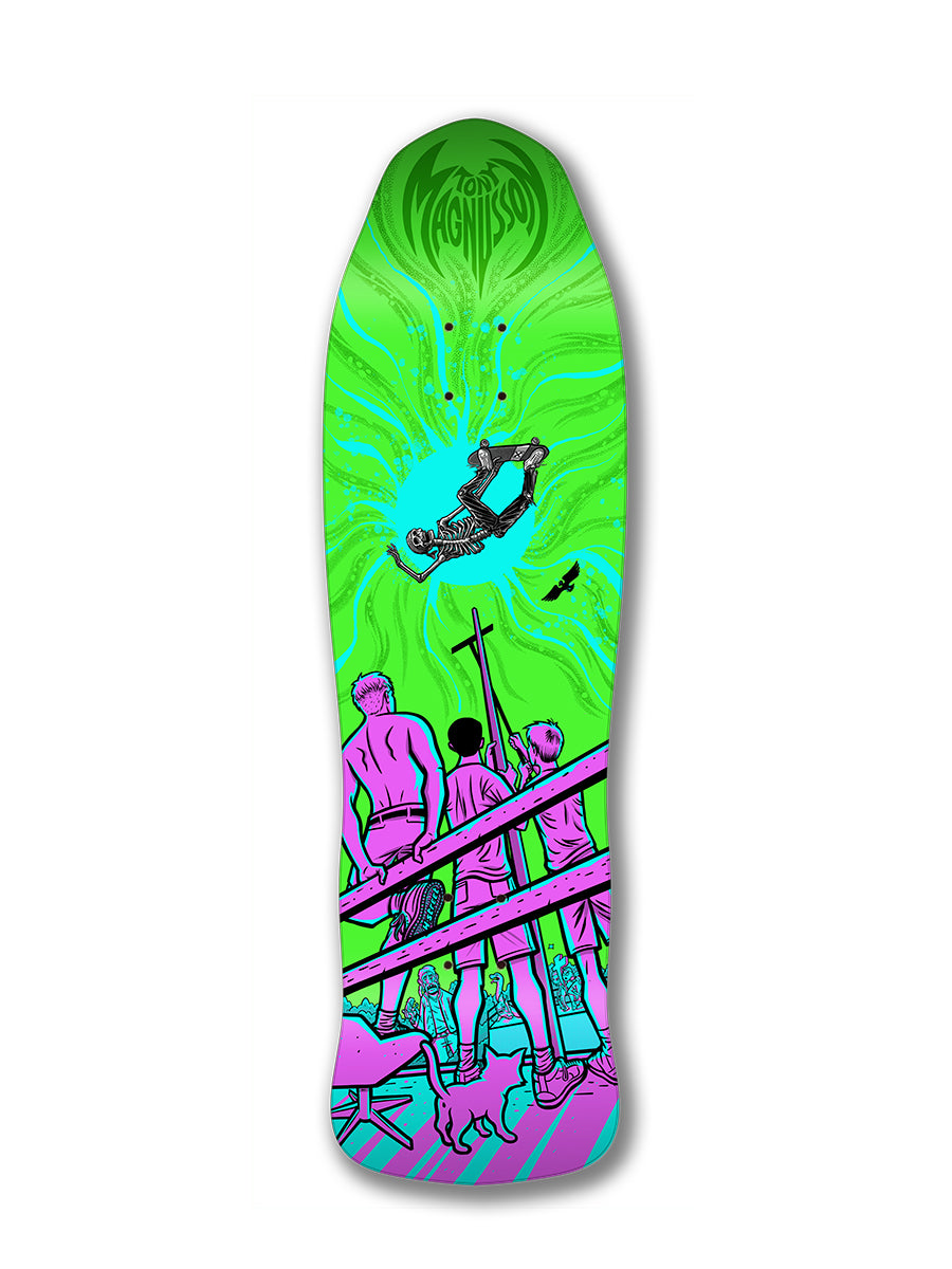 The Woodchuck TONY MAG DEAD MAN FLYING skateboard deck features neon green and purple art of a group and dog watching a skater do a Backside Air at Cedar Crest, with “Magnusson” in bold text at the top.