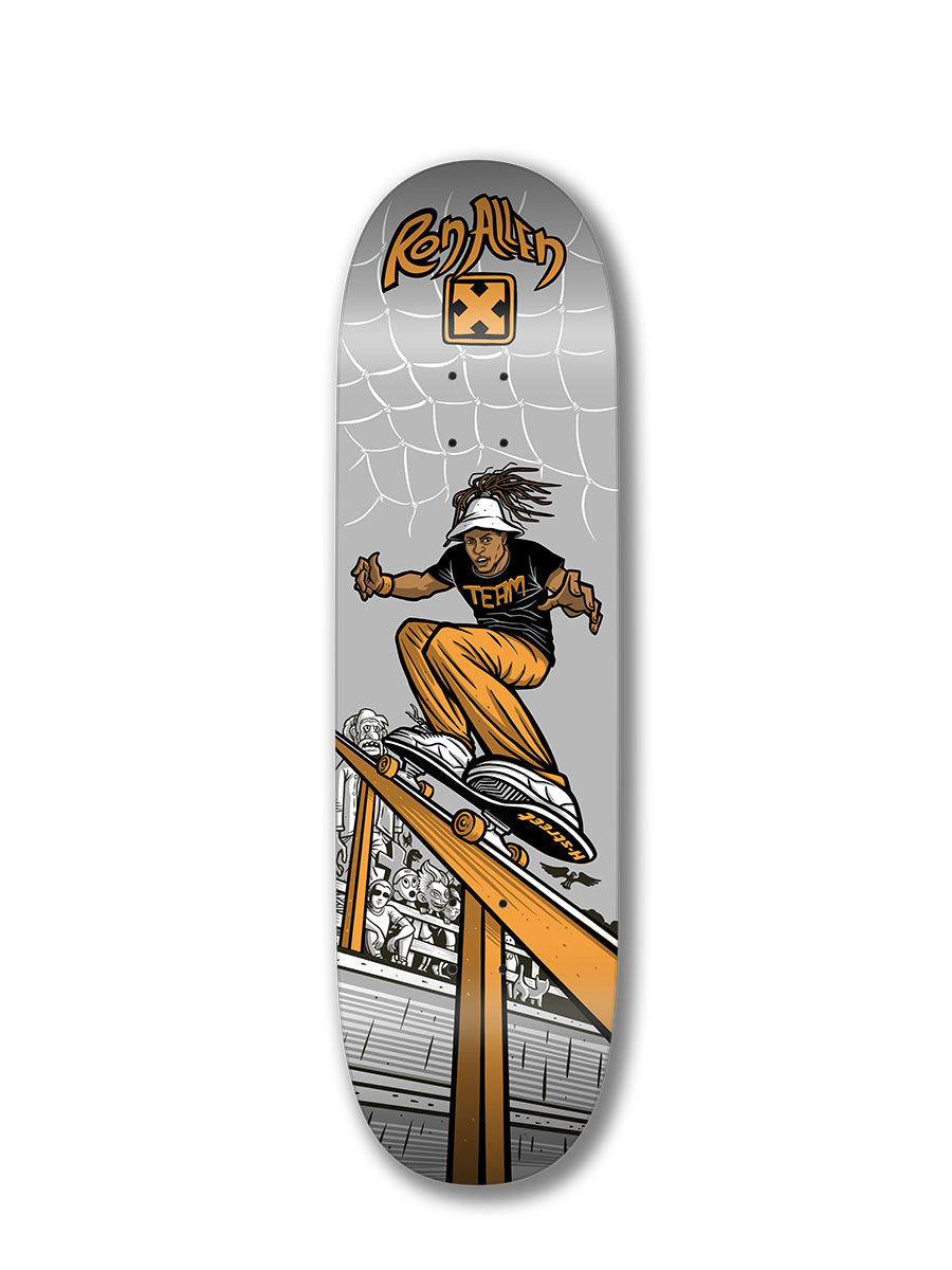 The Perfect Skateboarding RON ALLEN SWITCH 180 deck showcases Ron Allen with dreadlocks and a bucket hat grinding a rail, set against a vibrant crowd, web design, and bold lettering for classic H-Street ad style.