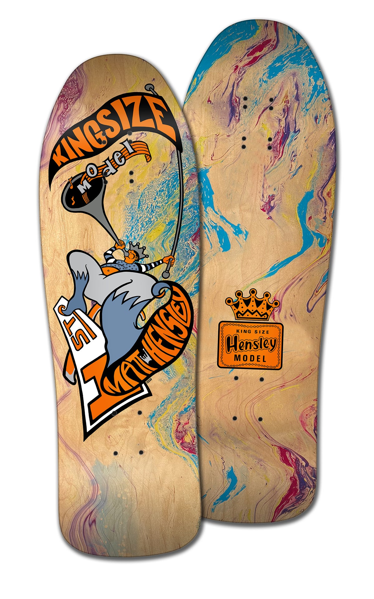 Two old school skateboard decks: a Legend Skates MATT HENSLEY KINGSIZE HORNBLOWER F SERIES with a cartoon vulture holding a kettlebell, and another with a marbled paint pattern and crown logo labeled King Size Hensley Model.