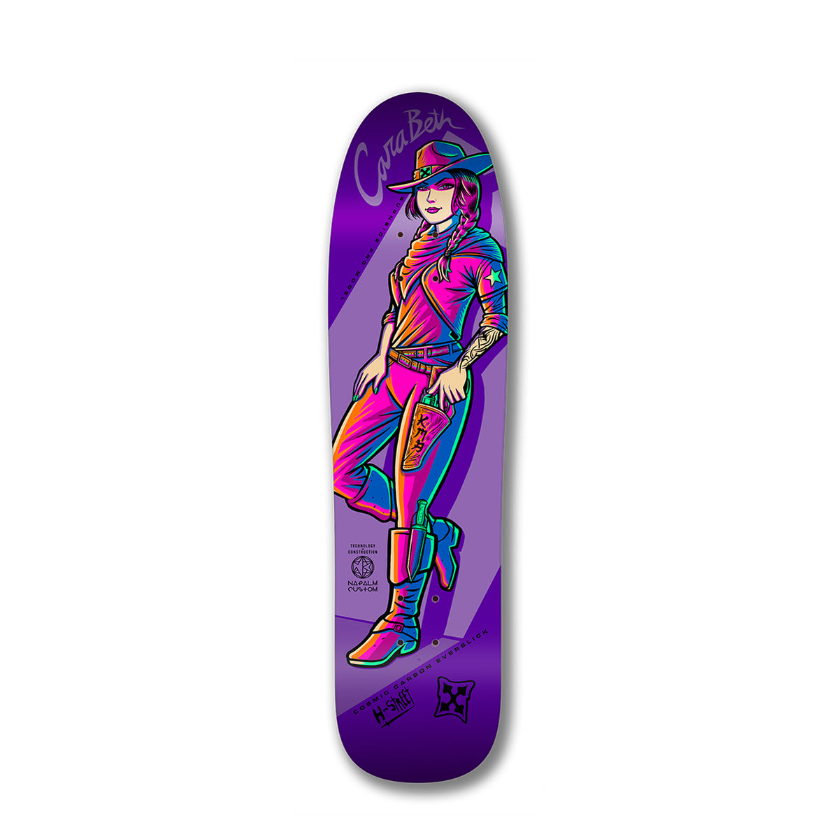 A colorful illustration of a cowgirl on a purple skateboard deck with graphics and text.