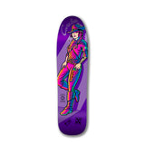 A colorful illustration of a cowgirl on a purple skateboard deck with graphics and text.