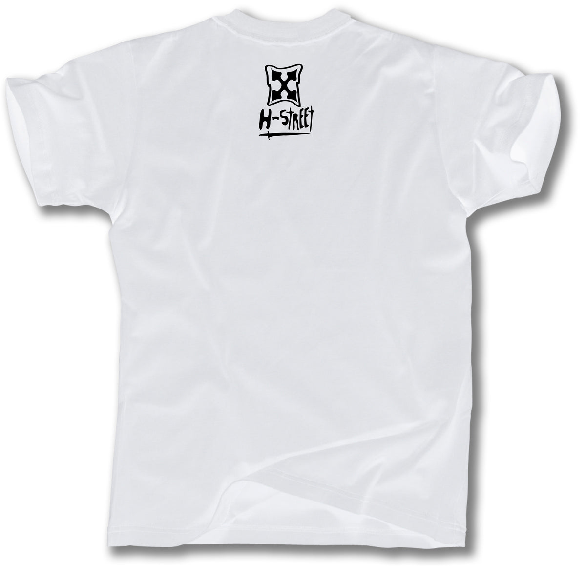 The CARABETH TREE OF LIFE T-SHIRT by MH Printing is shown laid flat, back view, with a small black stylized face and “H-STREET” text graphic centered below the collar.