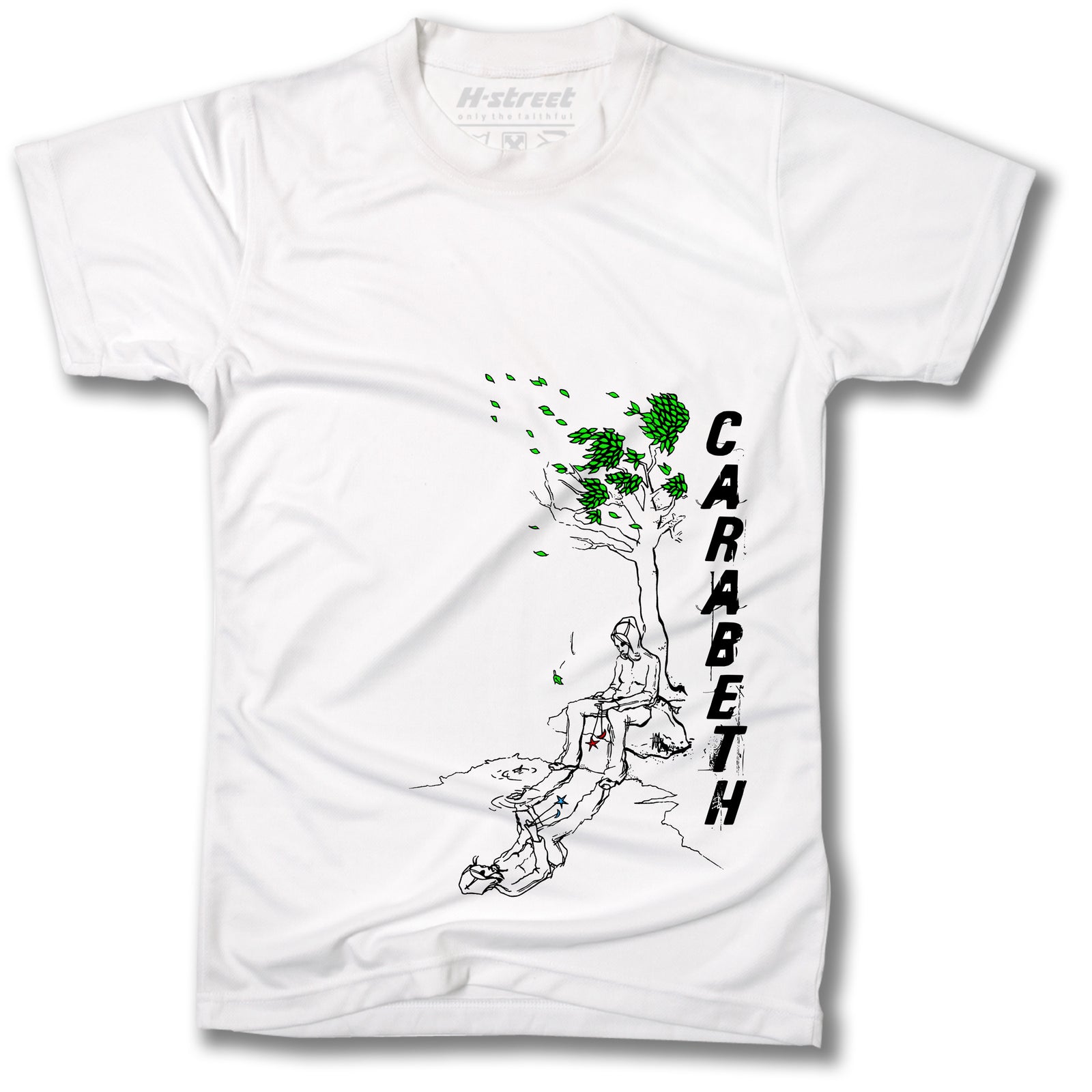 The CARABETH TREE OF LIFE T-SHIRTS by MH Printing feature a black line drawing of a person under a green-leafed tree, with "CARABETH" printed vertically in bold on the right. Bi-blend, made in California.