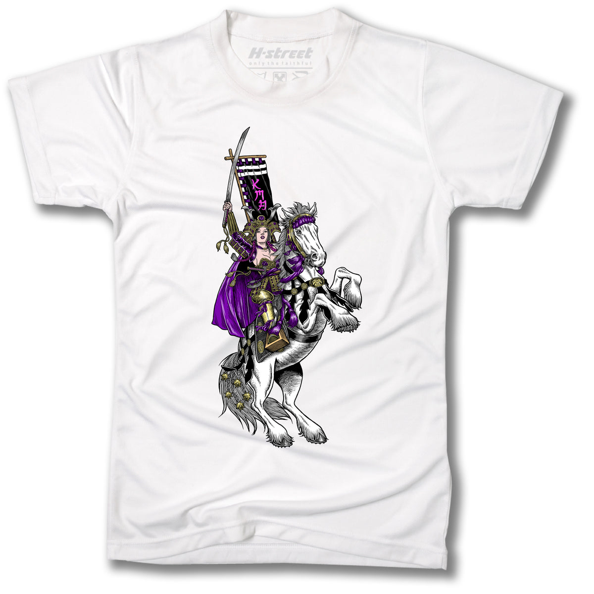 The Minuteman CARABETH WARRIOR T-SHIRT features a detailed illustration of a purple-armored samurai on a white horse, holding a sword and banner, centered on super soft cotton and made in California.