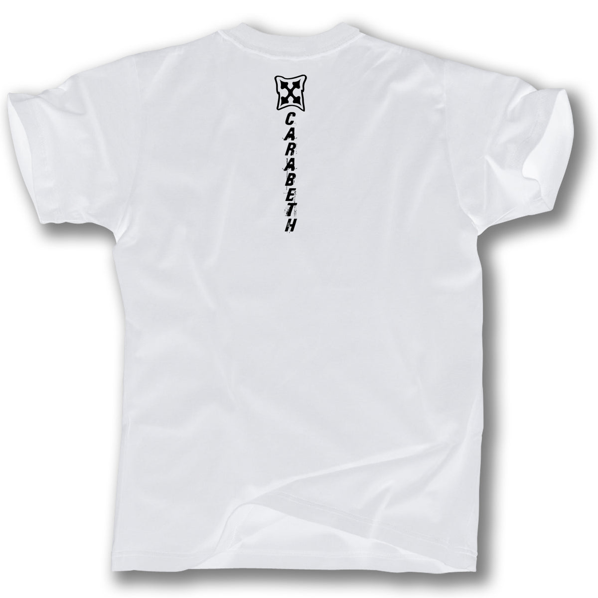 The Minuteman CARABETH WARRIOR T-SHIRT is a super soft white cotton tee featuring "CARABETH" in black vertically on the upper back beneath a small graphic logo, proudly made in California for every Cara-Beth Warrior.