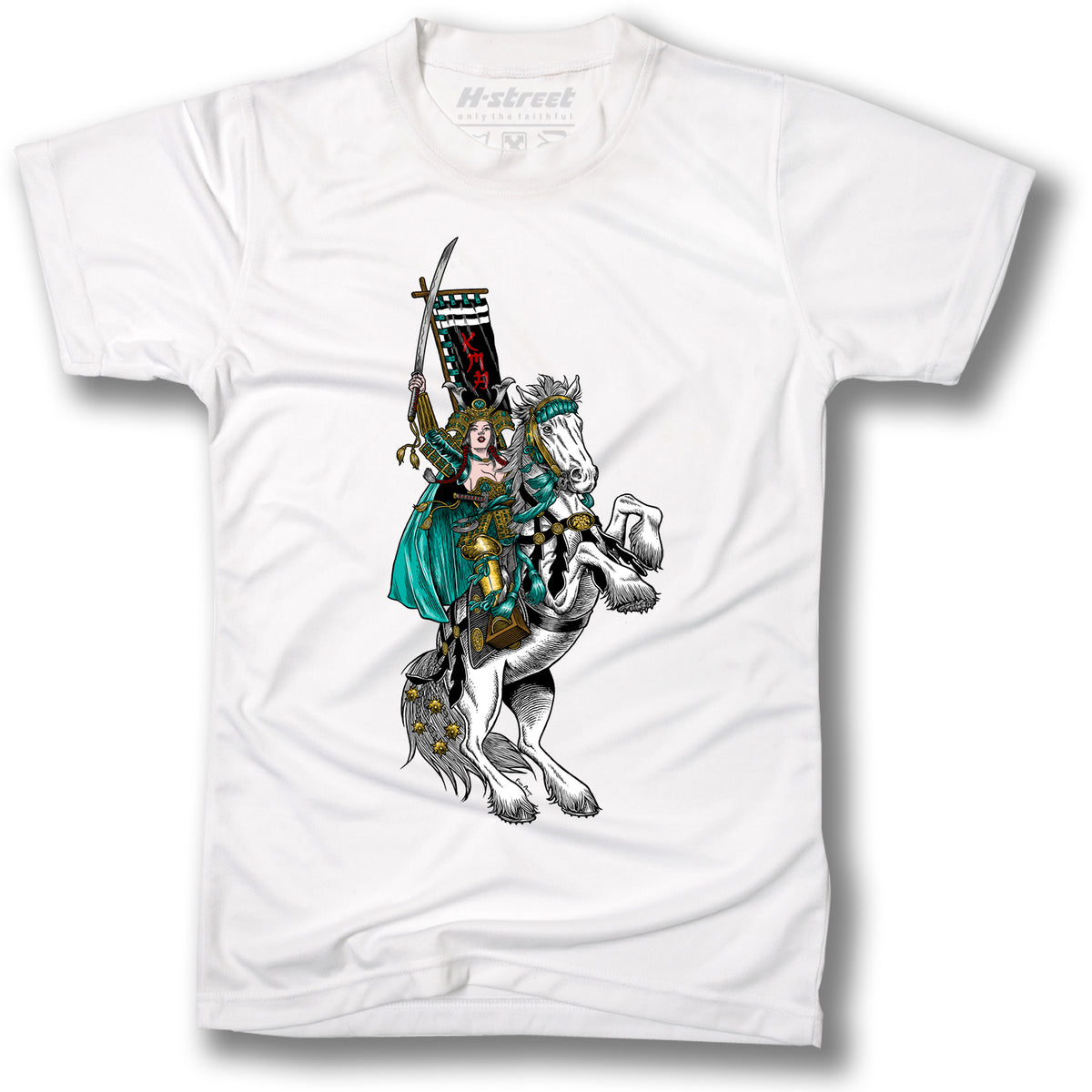Minuteman CARABETH WARRIOR T-SHIRTS: White tee with vibrant samurai in green armor on a white horse, inspired by Cara-Beth Warrior. Made in California from ultra-soft cotton for all-day comfort.