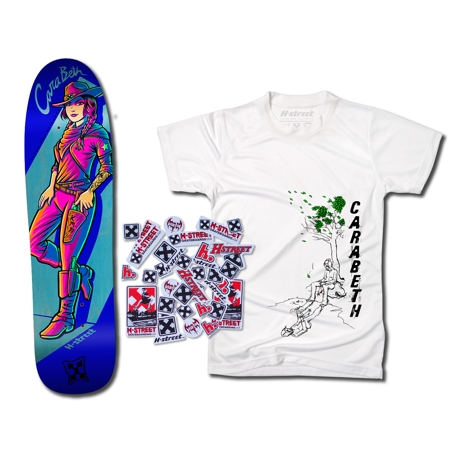 A blue and teal skateboard deck with a cowgirl illustration along with a white Carabeth t-shirt with a girl and tree illustration. There's a colleciton of H-Street branded stickers.