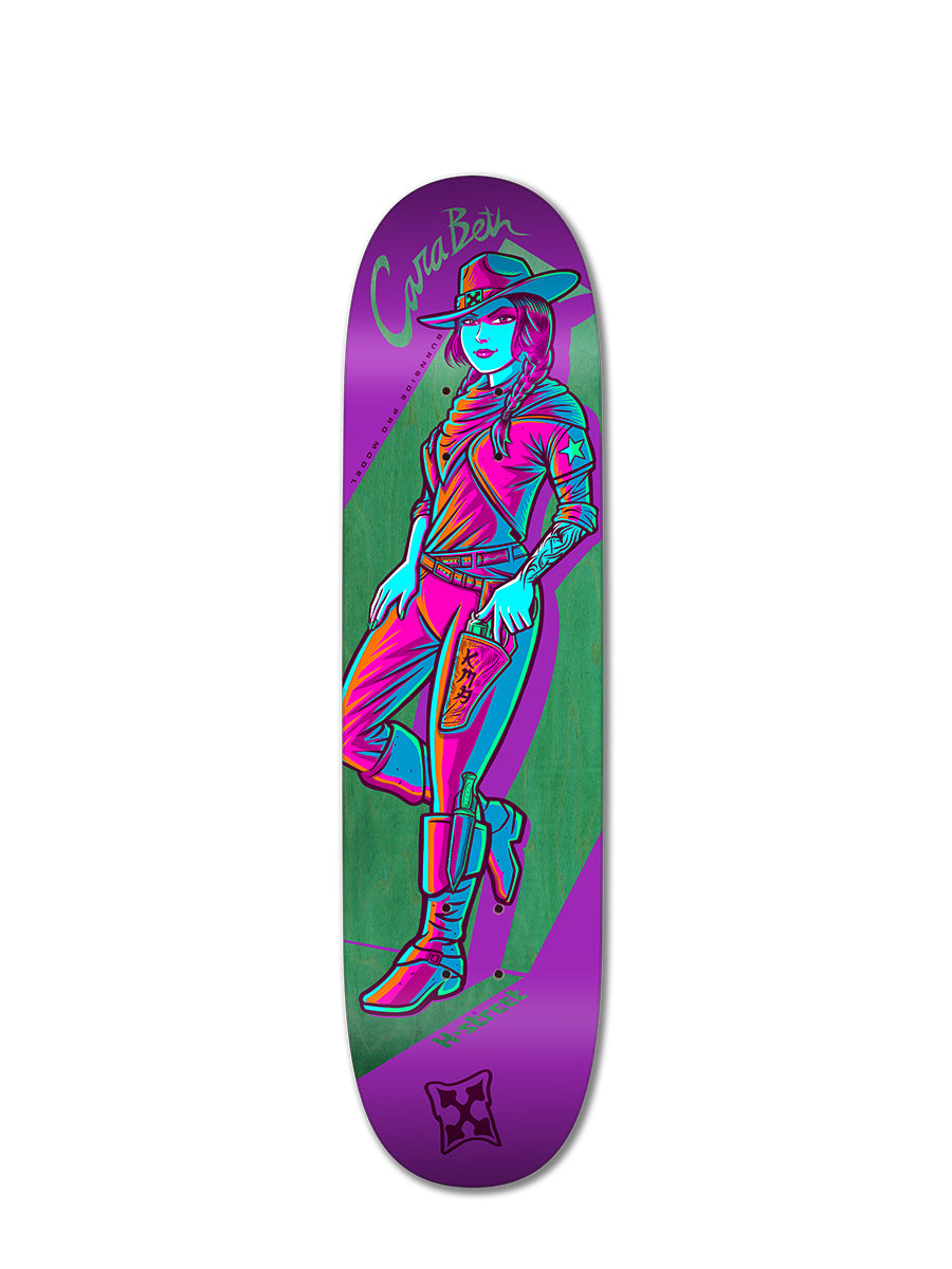 The Woodchuck CARABETH COW GIRL skateboard deck showcases a vivid illustration of a girl in western gear and cowboy hat against a purple-green background, with “Cara-Ben” at the top—celebrating girls’ skateboarding spirit.