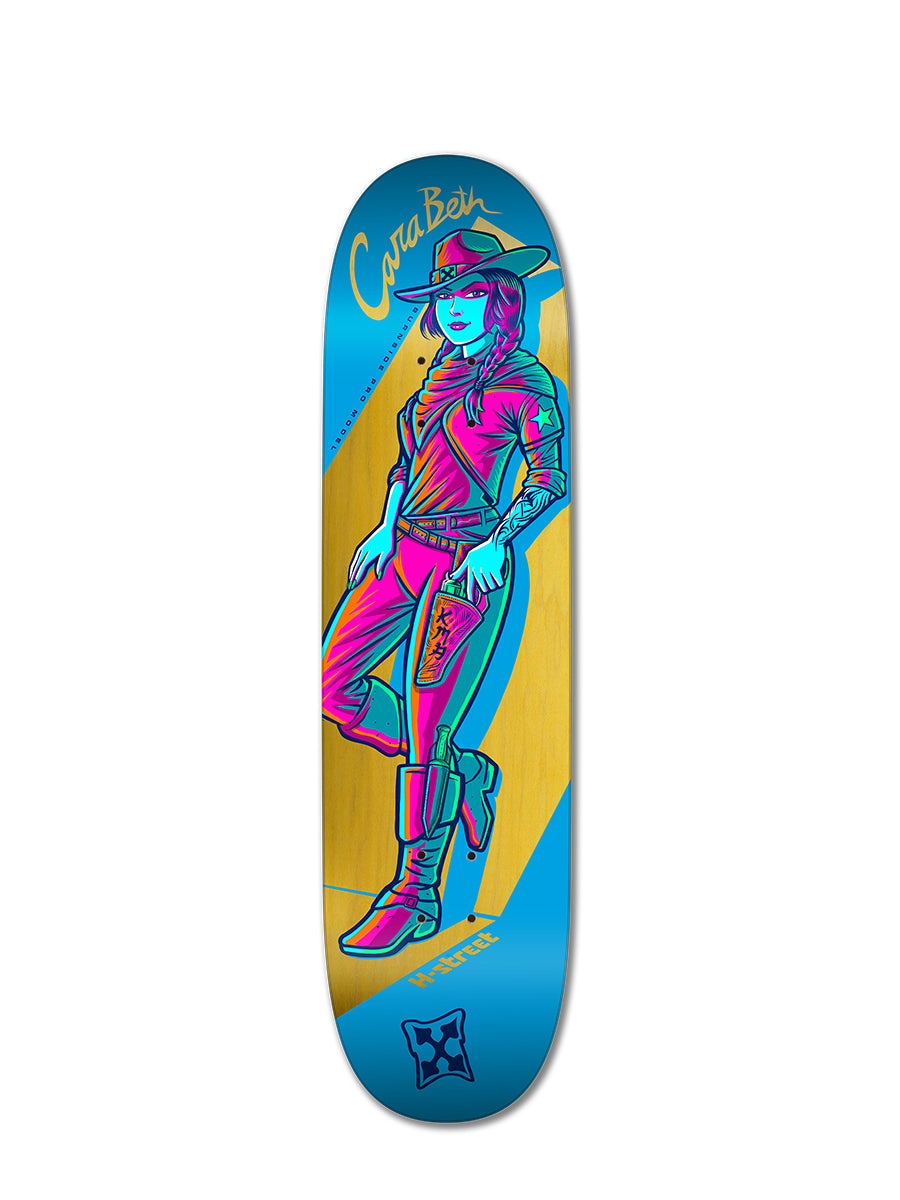 The CARABETH COW GIRL skateboard deck by Woodchuck showcases a vibrant cowgirl illustration with tattoos, set against a blue and gold background featuring her name and the Woodchuck logo, celebrating girls skateboarding.