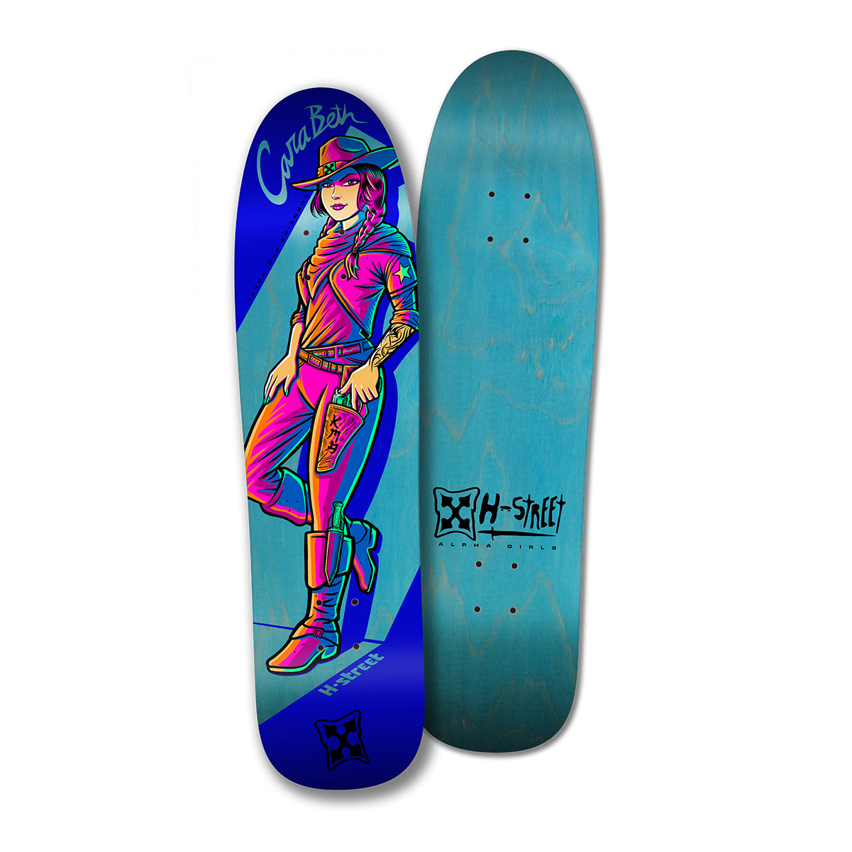 Skateboard showing a cowgirl on a blue and teal background on the bottom along with a teal skateboard top with the H-Street logo.